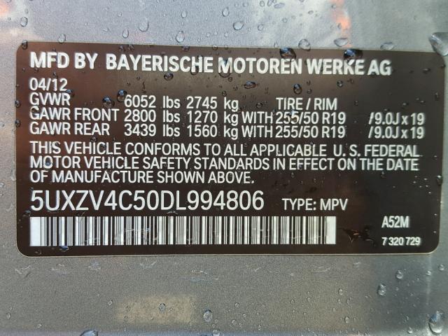 5UXZV4C50DL994806 - 2013 BMW X5 XDRIVE3 GRAY photo 10
