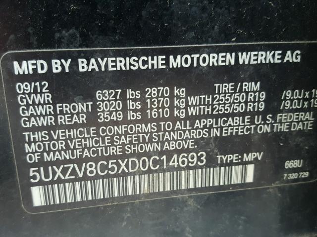 5UXZV8C5XD0C14693 - 2013 BMW X5 XDRIVE5 BLACK photo 10