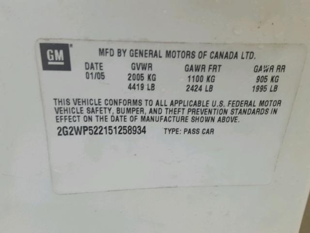 2G2WP522151258934 - 2005 PONTIAC GRAND PRIX WHITE photo 10