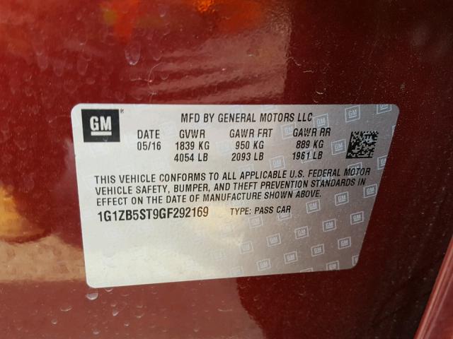 1G1ZB5ST9GF292169 - 2016 CHEVROLET MALIBU LS მუქწითელი ფოტო 10