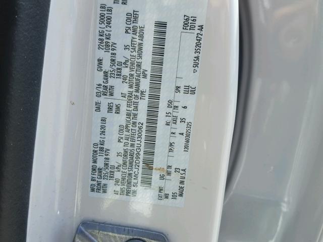 5LMCJ2D99GUJ30062 - 2016 LINCOLN MKC SELECT თეთრი ფოტო 10