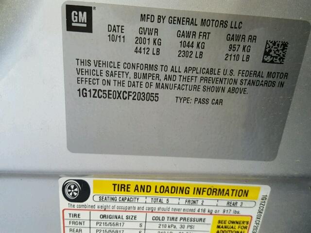 1G1ZC5E0XCF203055 - 2012 CHEVROLET MALIBU 1LT SILVER photo 10