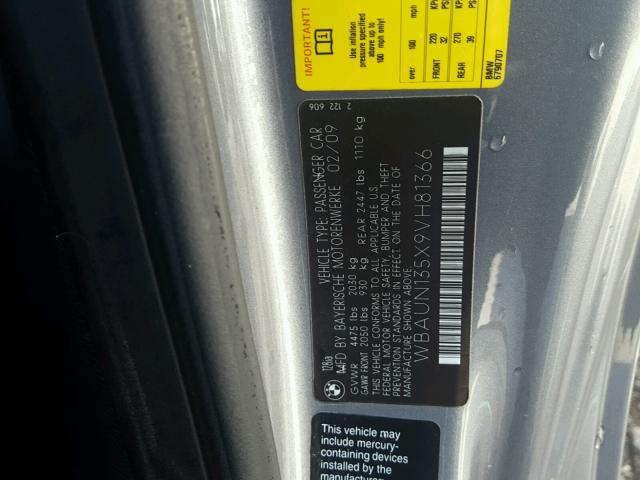 WBAUN135X9VH81366 - 2009 BMW 128 I GRAY photo 10