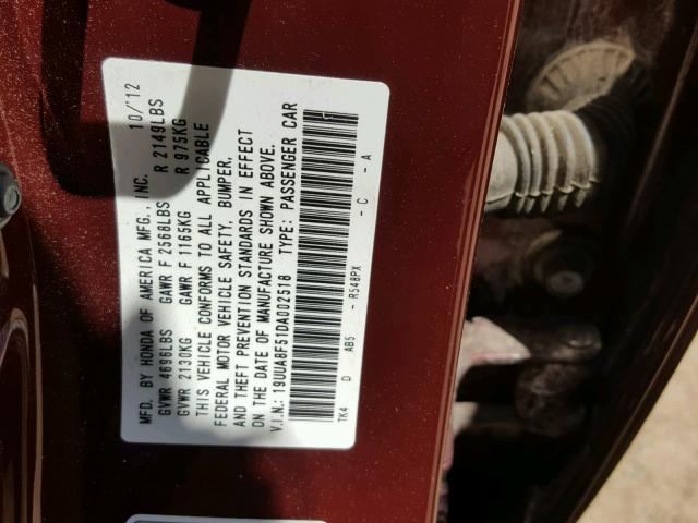 19UUA8F51DA002518 - 2013 ACURA TL TECH MAROON photo 10