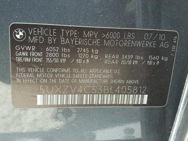 5UXZV4C53BL405812 - 2011 BMW X5 XDRIVE3 CHARCOAL photo 10