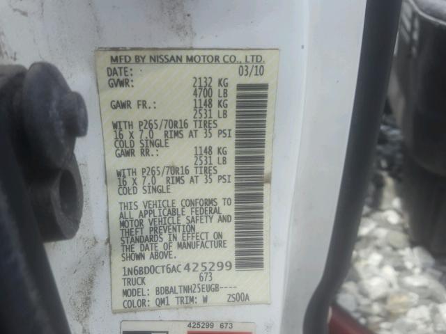 1N6BD0CT6AC425299 - 2010 NISSAN FRONTIER K WHITE photo 10