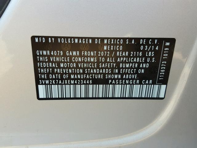 3VW2K7AJXEM423446 - 2014 VOLKSWAGEN JETTA BASE 银色 照片 10