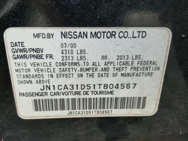 JN1CA31D51T804567 - 2001 NISSAN MAXIMA GXE BLACK photo 10