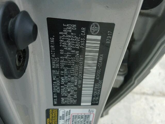 4T1BE32KX6U649781 - 2006 TOYOTA CAMRY LE SILVER photo 10