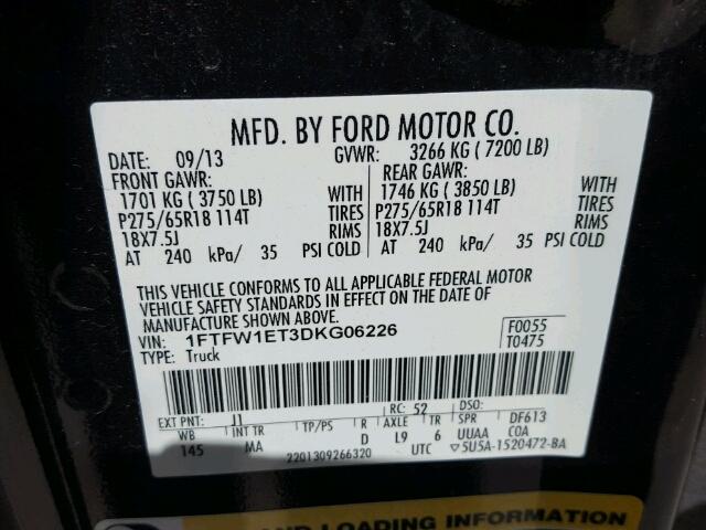 1FTFW1ET3DKG06226 - 2013 FORD F150 BLACK photo 10