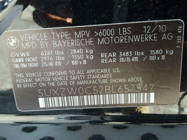 5UXZW0C52BL657542 - 2011 BMW X5 XDRIVE3 BLACK photo 10