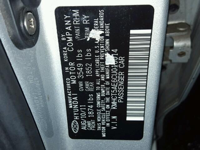 KMHCT5AE6CU016014 - 2012 HYUNDAI ACCENT GLS SILVER photo 10