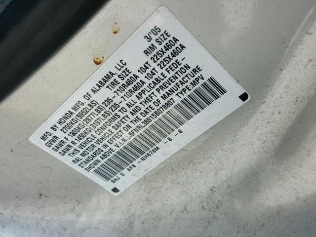 5FNRL38815B078807 - 2005 HONDA ODYSSEY TO SILVER photo 10