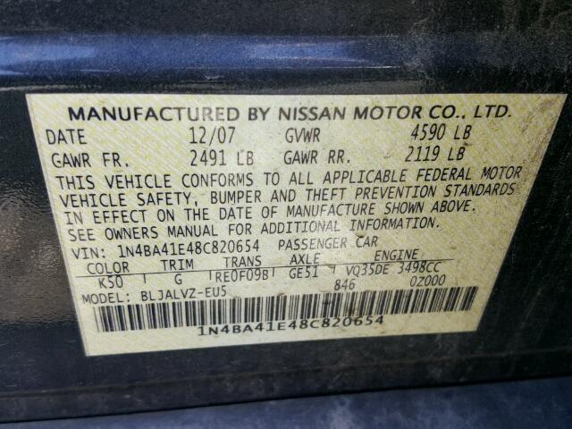 1N4BA41E48C820654 - 2008 NISSAN MAXIMA SE GRAY photo 10