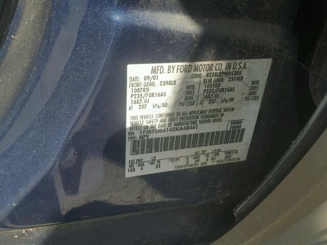 1FMYU04142KA68461 - 2002 FORD ESCAPE XLT BLUE photo 10