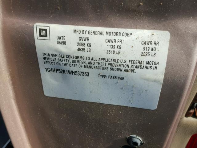 1G4HP52K1WH537363 - 1998 BUICK LESABRE TAN photo 10