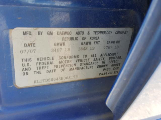 KL1TD56648B068173 - 2008 CHEVROLET AVEO BASE Көк фото 10