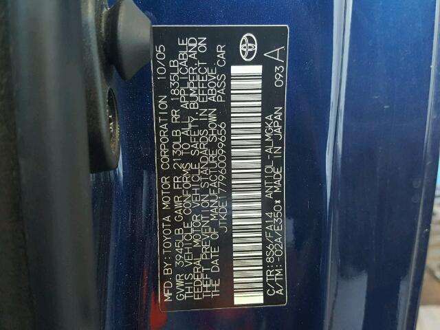 JTKDE177960099656 - 2006 TOYOTA SCION TC 蓝色 照片 10