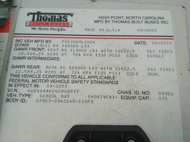 4UZAAXAK24CM08977 - 2004 FREIGHTLINER CHASSIS FS 黄色 照片 10