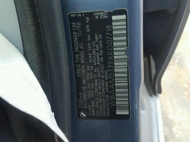 WBAAM5339XKG07718 - 1999 BMW 328I BLUE photo 10