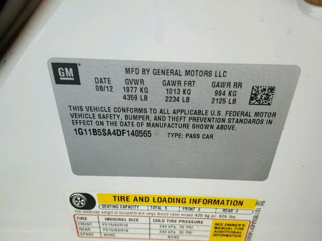 1G11B5SA4DF140565 - 2013 CHEVROLET MALIBU LS თეთრი ფოტო 10
