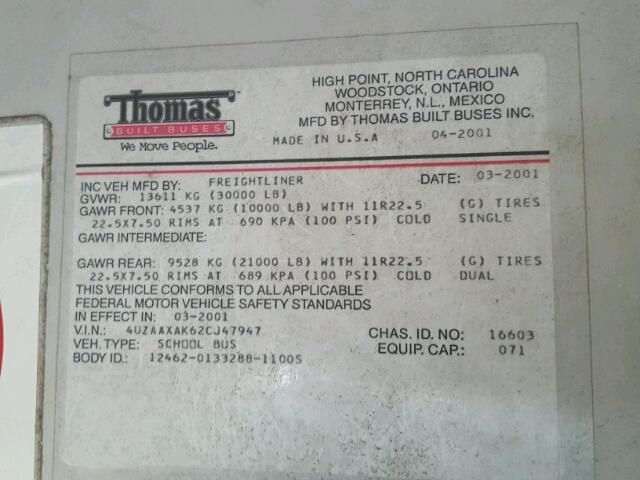 4UZAAXAK62CJ47947 - 2002 FREIGHTLINER CHASSIS FS 黄色 照片 10