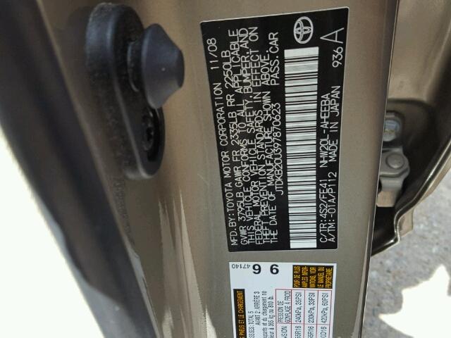 JTDKB20U397870623 - 2009 TOYOTA PRIUS GOLD photo 10