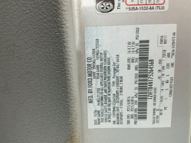 1ZVFT84N175264568 - 2007 FORD MUSTANG SILVER photo 10