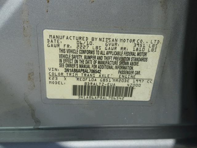 3N1AB6AP8AL706542 - 2010 NISSAN SENTRA SILVER photo 10