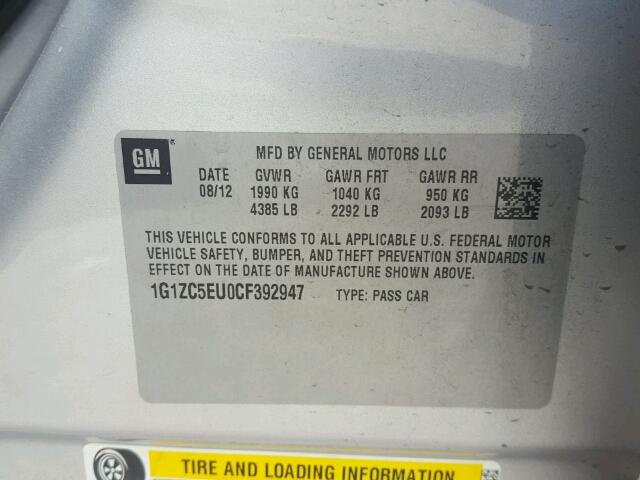 1G1ZC5EU0CF392947 - 2012 CHEVROLET MALIBU 1LT 银色 照片 10