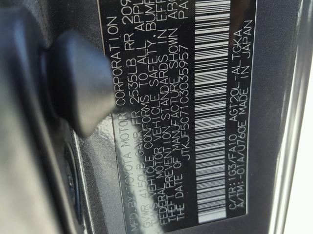 JTKJF5C71C3035957 - 2012 TOYOTA SCION TC 灰色 照片 10