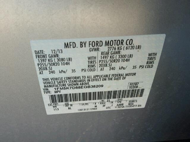 1FM5K7D88EGB38209 - 2014 FORD EXPLORER X SILVER photo 10