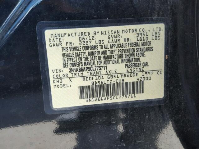 3N1AB6AP5CL775711 - 2012 NISSAN SENTRA 2.0 BLACK photo 10