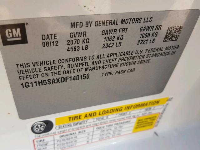 1G11H5SAXDF140150 - 2013 CHEVROLET MALIBU LTZ თეთრი ფოტო 10