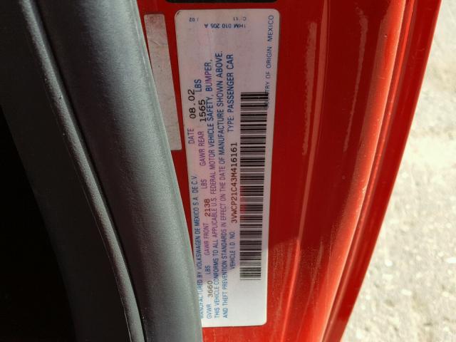 3VWCP21C43M416161 - 2003 VOLKSWAGEN NEW BEETLE წითელი ფოტო 10