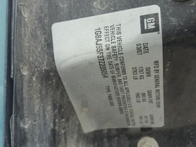 1G8AJ55F37Z205064 - 2007 SATURN ION LEVEL GREEN photo 10