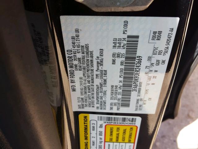 3FA6P0K93ER243669 - 2014 FORD FUSION TIT BLACK photo 10