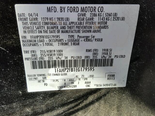 1FAHP2F81EG179595 - 2014 FORD TAURUS BLACK photo 10