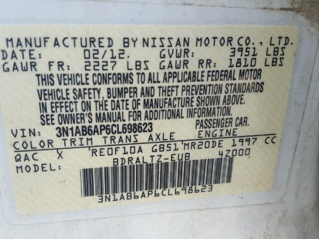 3N1AB6AP6CL698623 - 2012 NISSAN SENTRA 2.0 WHITE photo 10