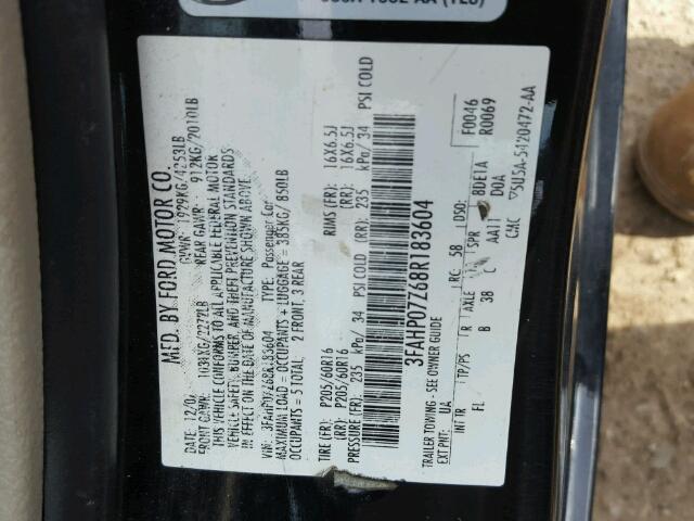 3FAHP07Z68R183604 - 2008 FORD FUSION SE BLACK photo 10