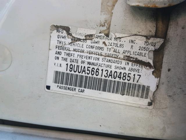 19UUA56613A048517 - 2003 ACURA 3.2TL WHITE photo 10