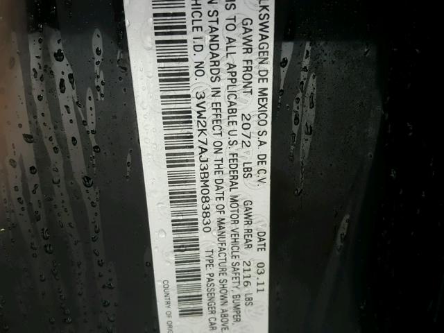 3VW2K7AJ3BM083830 - 2011 VOLKSWAGEN JETTA BASE Սև լուսանկար 10