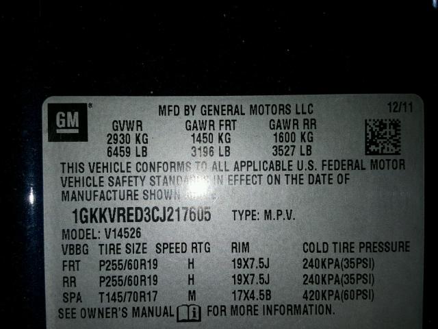 1GKKVRED3CJ217605 - 2012 GMC ACADIA SLT 蓝色 照片 10