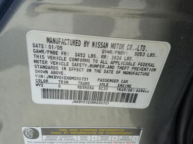 JNKBY01EX6M200721 - 2006 INFINITI M45 BASE GRAY photo 10