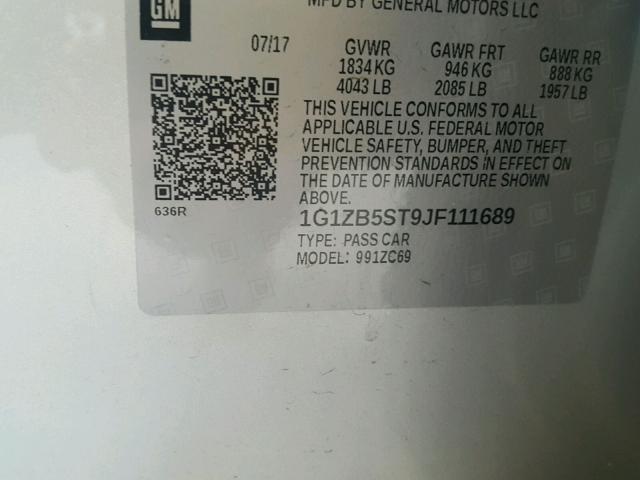 1G1ZB5ST9JF111689 - 2018 CHEVROLET MALIBU LS ვერცხლისფერი ფოტო 10