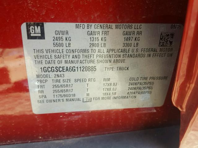 1GCGSCEA6G1120885 - 2016 CHEVROLET COLORADO L RED photo 10