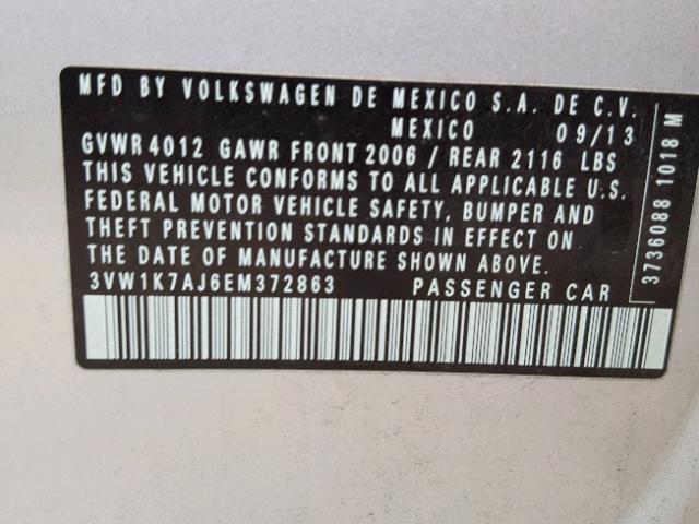 3VW1K7AJ6EM372863 - 2014 VOLKSWAGEN JETTA BASE 银色 照片 10