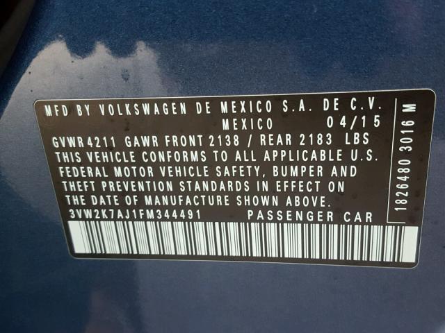 3VW2K7AJ1FM344491 - 2015 VOLKSWAGEN JETTA BASE Կապույտ լուսանկար 10