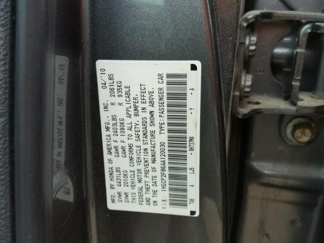 1HGCP2F86AA120030 - 2010 HONDA ACCORD EXL GRAY photo 10