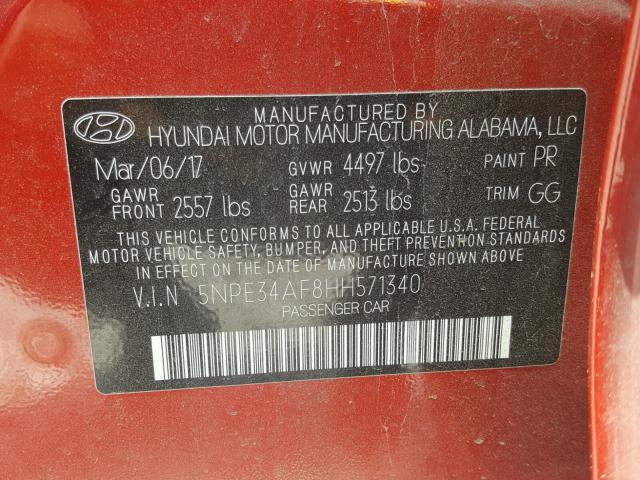 5NPE34AF8HH571340 - 2017 HYUNDAI SONATA SPO RED photo 10